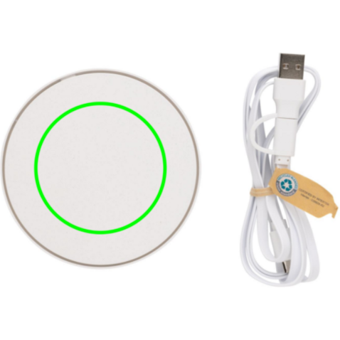 10W Wireless Charger aus RCS Standard recyceltem Kunststoff weiß bedrucken, Art.-Nr. P308.663