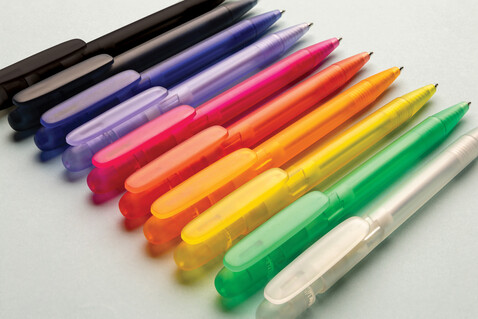 Devin transparenter Stift aus GRS zertifiziertem rABS lila bedrucken, Art.-Nr. P611.2630