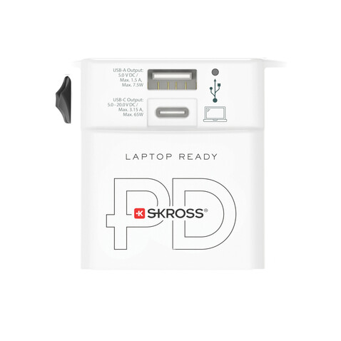 SKROSS World Travel Adapter MUV 65W PD mit USB-C-Kabel weiß bedrucken, Art.-Nr. RB1.302976