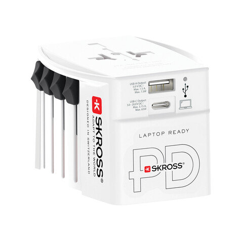 SKROSS World Travel Adapter MUV 65W PD mit USB-C-Kabel weiß bedrucken, Art.-Nr. RB1.302976