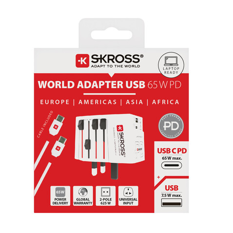 SKROSS World Travel Adapter MUV 65W PD mit USB-C-Kabel weiß bedrucken, Art.-Nr. RB1.302976