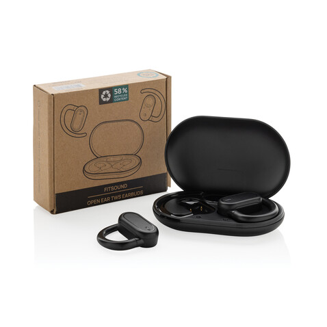 Fitsound TWS-Ohrhörer aus RCS recyceltem Kunststoff schwarz bedrucken, Art.-Nr. P331.1001