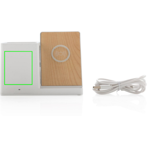 Ontario 10W Wireless Charger aus Bambus und RCS Kunststoff weiß bedrucken, Art.-Nr. P308.403
