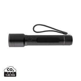 Große Gear X Taschenlampe aus RCS recycelt. Alu mit USB-Akku schwarz bedrucken, Art.-Nr. P513.921