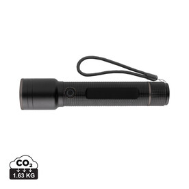 Große Gear X Taschenlampe aus RCS recycelt. Alu mit USB-Akku schwarz bedrucken, Art.-Nr. P513.921