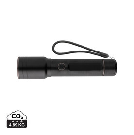 Heavy-Duty USB-Taschenlampe aus RCS recyceltem Aluminium schwarz bedrucken, Art.-Nr. P513.931