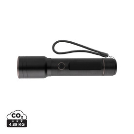 Heavy-Duty USB-Taschenlampe aus RCS recyceltem Aluminium schwarz bedrucken, Art.-Nr. P513.931