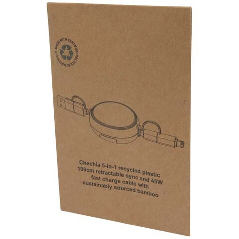 Chechia 100cm 5-in-1 Kabel aus recyceltem Kunststoff, einziehbar, für Datenübertragung und 45W Schnellladung mit Bambusdetails, weiss bedrucken, Art.-Nr. 12441901