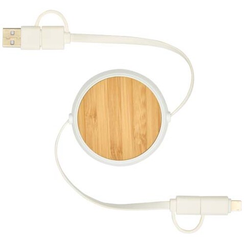 Chechia 100cm 5-in-1 Kabel aus recyceltem Kunststoff, einziehbar, für Datenübertragung und 45W Schnellladung mit Bambusdetails, weiss bedrucken, Art.-Nr. 12441901