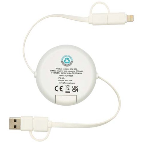 Chechia 100cm 5-in-1 Kabel aus recyceltem Kunststoff, einziehbar, für Datenübertragung und 45W Schnellladung mit Bambusdetails, weiss bedrucken, Art.-Nr. 12441901