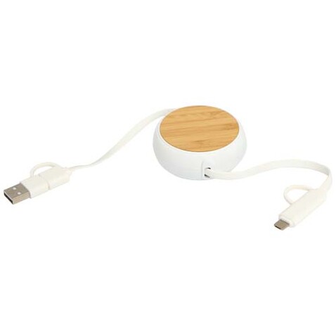Chechia 100cm 5-in-1 Kabel aus recyceltem Kunststoff, einziehbar, für Datenübertragung und 45W Schnellladung mit Bambusdetails, weiss bedrucken, Art.-Nr. 12441901