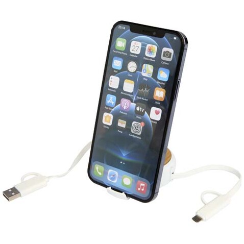 Chechia 100cm 5-in-1 Kabel aus recyceltem Kunststoff, einziehbar, für Datenübertragung und 45W Schnellladung mit Bambusdetails, weiss bedrucken, Art.-Nr. 12441901