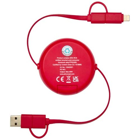 Alasia 100 cm 5-in-1 Kabel aus recyceltem Kunststoff und Aluminium, einziehbar, für Datenübertragung und mit 45W Schnellladung, rot bedrucken, Art.-Nr. 12442021