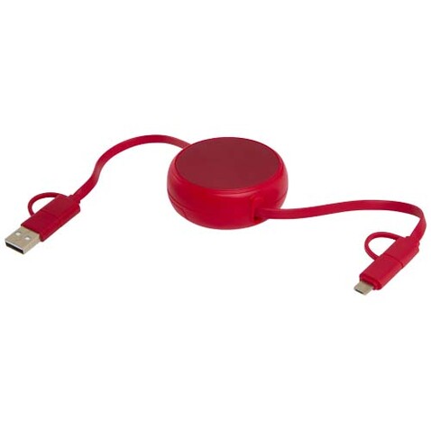 Alasia 100 cm 5-in-1 Kabel aus recyceltem Kunststoff und Aluminium, einziehbar, für Datenübertragung und mit 45W Schnellladung, rot bedrucken, Art.-Nr. 12442021