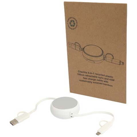 Alasia 100 cm 5-in-1 Kabel aus recyceltem Kunststoff und Aluminium, einziehbar, für Datenübertragung und mit 45W Schnellladung, silber bedrucken, Art.-Nr. 12442081