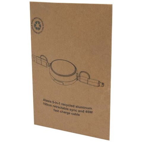 Alasia 100 cm 5-in-1 Kabel aus recyceltem Kunststoff und Aluminium, einziehbar, für Datenübertragung und mit 45W Schnellladung, silber bedrucken, Art.-Nr. 12442081