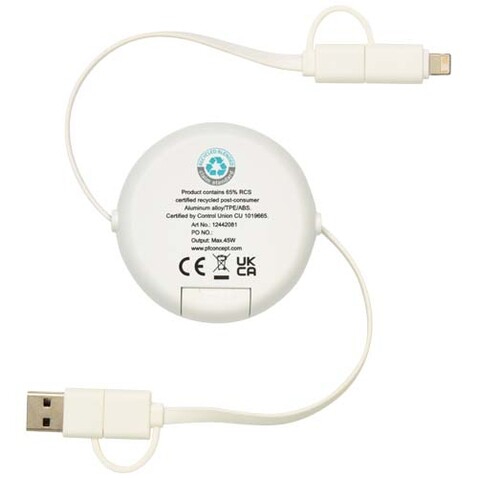 Alasia 100 cm 5-in-1 Kabel aus recyceltem Kunststoff und Aluminium, einziehbar, für Datenübertragung und mit 45W Schnellladung, silber bedrucken, Art.-Nr. 12442081