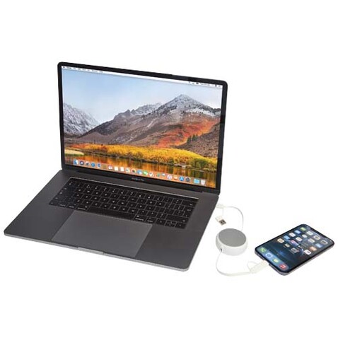 Alasia 100 cm 5-in-1 Kabel aus recyceltem Kunststoff und Aluminium, einziehbar, für Datenübertragung und mit 45W Schnellladung, silber bedrucken, Art.-Nr. 12442081