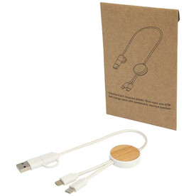 Chechia 30 cm 5-in-1 Kabel aus recyceltem Kunststoff für Datenübertragung und 27W Schnellladung mit Bambusdetails, weiss bedrucken, Art.-Nr. 12442101
