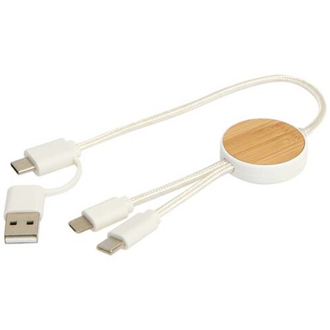Chechia 30 cm 5-in-1 Kabel aus recyceltem Kunststoff für Datenübertragung und 27W Schnellladung mit Bambusdetails, weiss bedrucken, Art.-Nr. 12442101