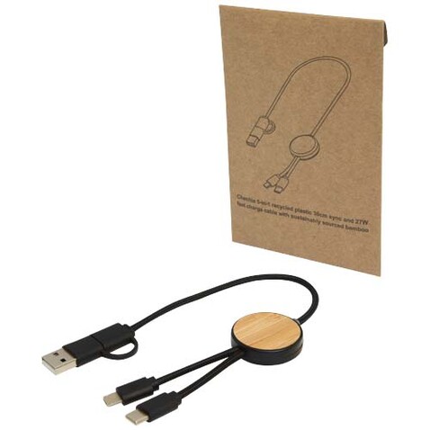 Chechia 30 cm 5-in-1 Kabel aus recyceltem Kunststoff für Datenübertragung und 27W Schnellladung mit Bambusdetails, schwarz bedrucken, Art.-Nr. 12442190