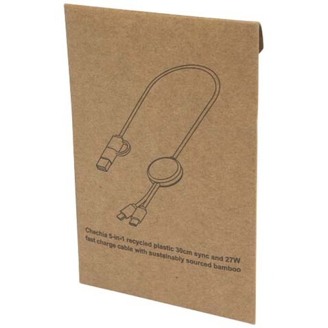 Chechia 30 cm 5-in-1 Kabel aus recyceltem Kunststoff für Datenübertragung und 27W Schnellladung mit Bambusdetails, schwarz bedrucken, Art.-Nr. 12442190