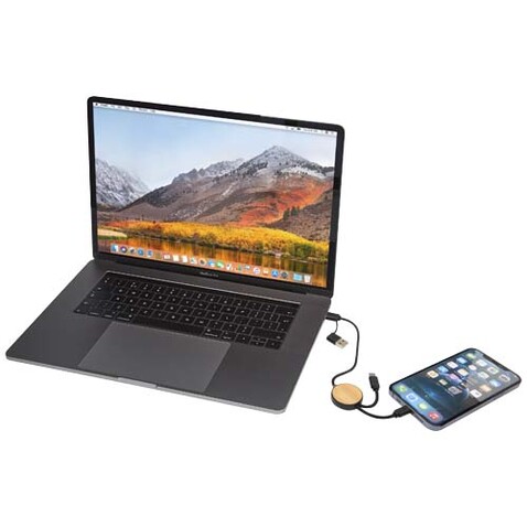 Chechia 30 cm 5-in-1 Kabel aus recyceltem Kunststoff für Datenübertragung und 27W Schnellladung mit Bambusdetails, schwarz bedrucken, Art.-Nr. 12442190
