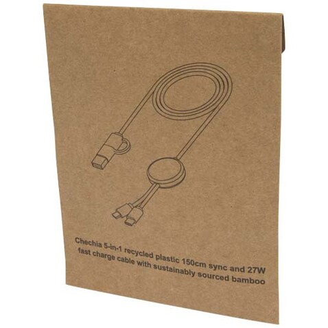Chechia 150 cm 5-in-1 Kabel aus recyceltem Kunststoff für Datenübertragung und 27W Schnellladung mit Bambusdetails, weiss bedrucken, Art.-Nr. 12442201