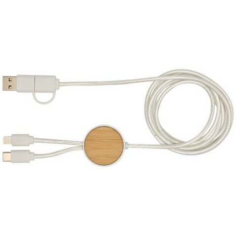 Chechia 150 cm 5-in-1 Kabel aus recyceltem Kunststoff für Datenübertragung und 27W Schnellladung mit Bambusdetails, weiss bedrucken, Art.-Nr. 12442201