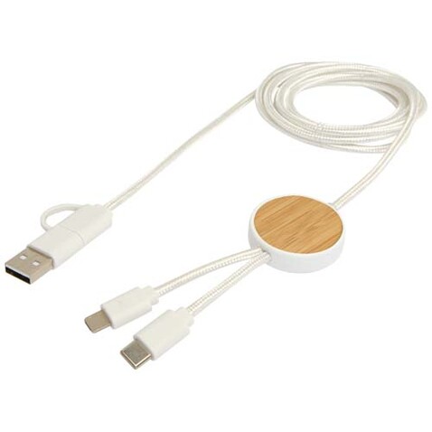Chechia 150 cm 5-in-1 Kabel aus recyceltem Kunststoff für Datenübertragung und 27W Schnellladung mit Bambusdetails, weiss bedrucken, Art.-Nr. 12442201