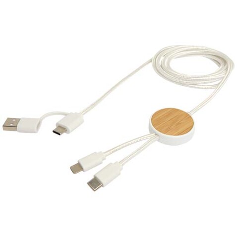 Chechia 150 cm 5-in-1 Kabel aus recyceltem Kunststoff für Datenübertragung und 27W Schnellladung mit Bambusdetails, weiss bedrucken, Art.-Nr. 12442201