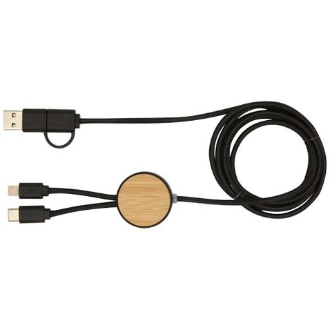 Chechia 150 cm 5-in-1 Kabel aus recyceltem Kunststoff für Datenübertragung und 27W Schnellladung mit Bambusdetails, schwarz bedrucken, Art.-Nr. 12442290