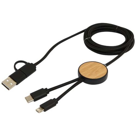 Chechia 150 cm 5-in-1 Kabel aus recyceltem Kunststoff für Datenübertragung und 27W Schnellladung mit Bambusdetails, schwarz bedrucken, Art.-Nr. 12442290