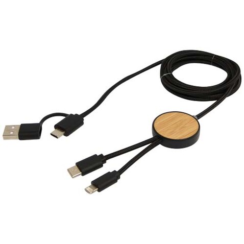 Chechia 150 cm 5-in-1 Kabel aus recyceltem Kunststoff für Datenübertragung und 27W Schnellladung mit Bambusdetails, schwarz bedrucken, Art.-Nr. 12442290