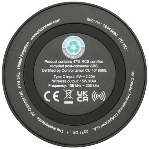 Freal 15W Kabelloses Ladepad aus recyceltem Kunststoff, schwarz bedrucken, Art.-Nr. 12443490