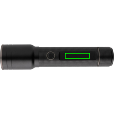 Heavy-Duty USB-Taschenlampe aus RCS recyceltem Aluminium schwarz bedrucken, Art.-Nr. P513.931