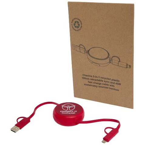 Alasia 100 cm 5-in-1 Kabel aus recyceltem Kunststoff und Aluminium, einziehbar, für Datenübertragung und mit 45W Schnellladung, rot bedrucken, Art.-Nr. 12442021