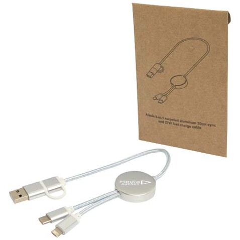 Alasia 30 cm 5-in-1 Kabel aus recyceltem Kunststoff für Datenübertragung und 27W Schnellladung, silber bedrucken, Art.-Nr. 12442481