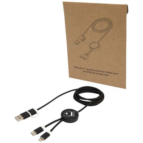 Alasia 150 cm 5-in-1 Kabel aus recyceltem Kunststoff für Datenübertragung und 27W Schnellladung, schwarz bedrucken, Art.-Nr. 12442590
