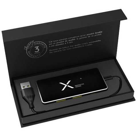 SCX.design H20 8-in-1 USB-Hub mit dualem Eingang und 6 Ports und Leuchtlogo, schwarz bedrucken, Art.-Nr. 2PX16590