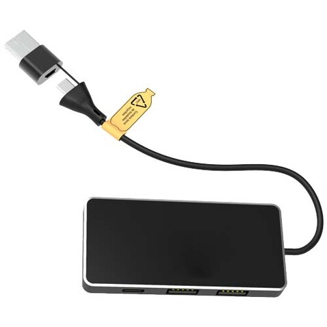 SCX.design H20 8-in-1 USB-Hub mit dualem Eingang und 6 Ports und Leuchtlogo, schwarz bedrucken, Art.-Nr. 2PX16590