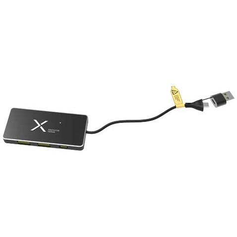 SCX.design H20 8-in-1 USB-Hub mit dualem Eingang und 6 Ports und Leuchtlogo, schwarz bedrucken, Art.-Nr. 2PX16590