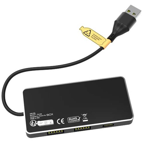 SCX.design H20 8-in-1 USB-Hub mit dualem Eingang und 6 Ports und Leuchtlogo, schwarz bedrucken, Art.-Nr. 2PX16590