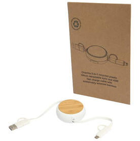 Chechia 100cm 5-in-1 Kabel aus recyceltem Kunststoff, einziehbar, für Datenübertragung und 45W Schnellladung mit Bambusdetails, weiss bedrucken, Art.-Nr. 12441901