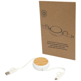 Chechia 100cm 5-in-1 Kabel aus recyceltem Kunststoff, einziehbar, für Datenübertragung und 45W Schnellladung mit Bambusdetails, weiss bedrucken, Art.-Nr. 12441901