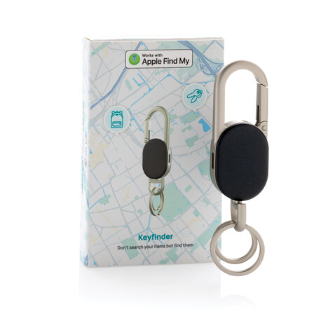 Schlüsselanhänger Keyfinder mit weltweiter Ortung und USB-C schwarz, grau bedrucken, Art.-Nr. P301.6301