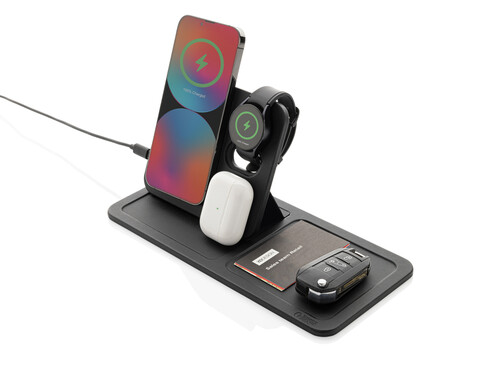 Swiss Peak 3-in-1- Wireless-Charging Desk-Tray aus RCS rPU schwarz bedrucken, Art.-Nr. P309.0401