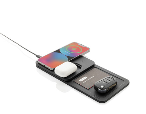 Swiss Peak 3-in-1- Wireless-Charging Desk-Tray aus RCS rPU schwarz bedrucken, Art.-Nr. P309.0401