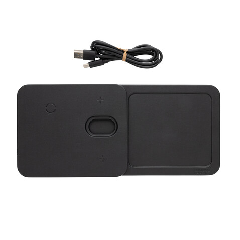 Swiss Peak 3-in-1- Wireless-Charging Desk-Tray aus RCS rPU schwarz bedrucken, Art.-Nr. P309.0401