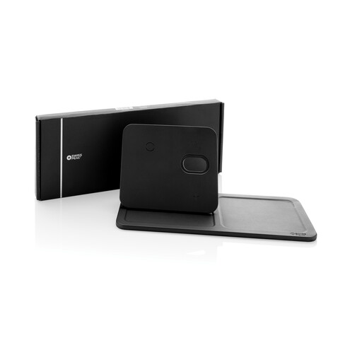 Swiss Peak 3-in-1- Wireless-Charging Desk-Tray aus RCS rPU schwarz bedrucken, Art.-Nr. P309.0401